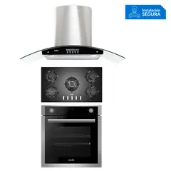 SOLE - Tricombo Encimera Empotrable A Gas 5 Hornillas SOLCO033 + Campana Decorativa 90cm TURE63CO + Horno Empotrable Eléctrico 73L SOLHO012
