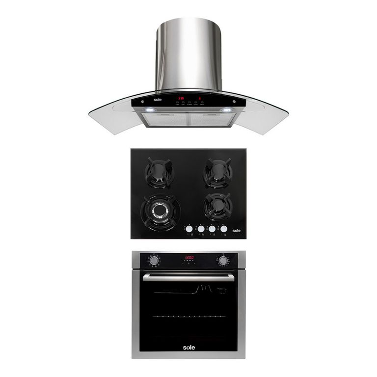 Tricombo Encimera Empotrable A Gas 4 Hornillas SOLCO034 + Campana Decorativa 90cm TURE63CO + Horno Empotrable Eléctrico 73L SOLHO012 Sole
