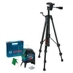 BOSCH - Nivel Láser Verde 15m con Puntos de Plomada GCL 2-15 G + Placa +Soporte +Maletín + Trípode Para Nivel 1.5m BT 150