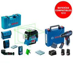 BOSCH - Nivel Láser 3 Líneas Verde 360° GLL 3-80 CG + Receptor LR7 + Set Taladro Atornillador Inalámbrico 3/8" 12V GSR 120-LI