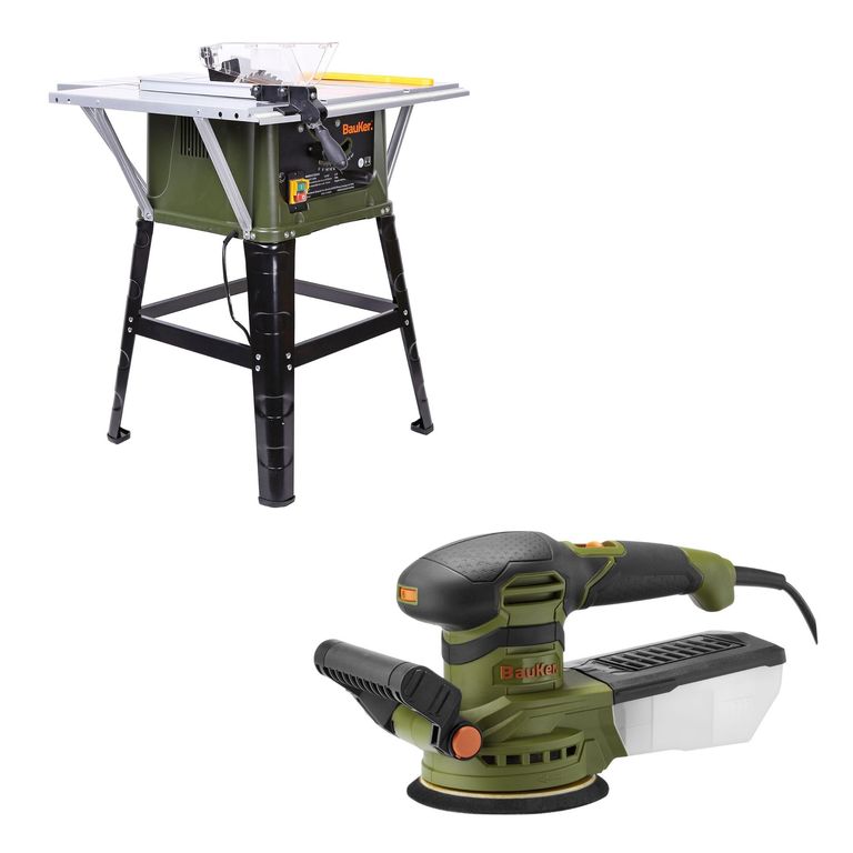 Sierra de Banco Eléctrica Bauker 10" 1500W + Lijadora Orbital Eléctrica 125mm 350W Bauker