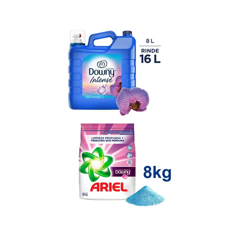 Detergente en Polvo Ariel Toque Downy 8 Kg + Suavizante Downy Intense 8 Litros