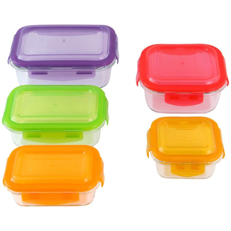 Set de 5 Tápers de Vidrio con Tapa de colores