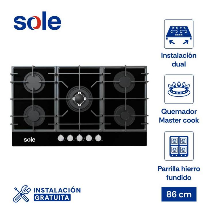Encimera Empotrable A Gas 5 Hornillas Sole Negro