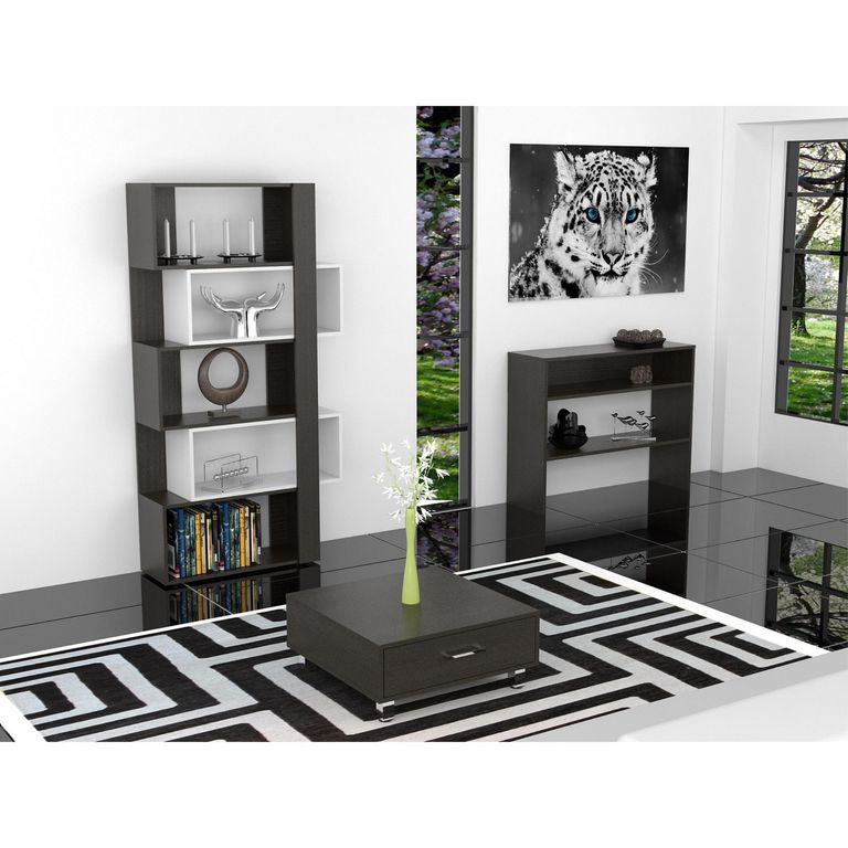 Combo Biblioteca Cubo + Mesa de Centro Beijing + Mueble Auxiliar Negro