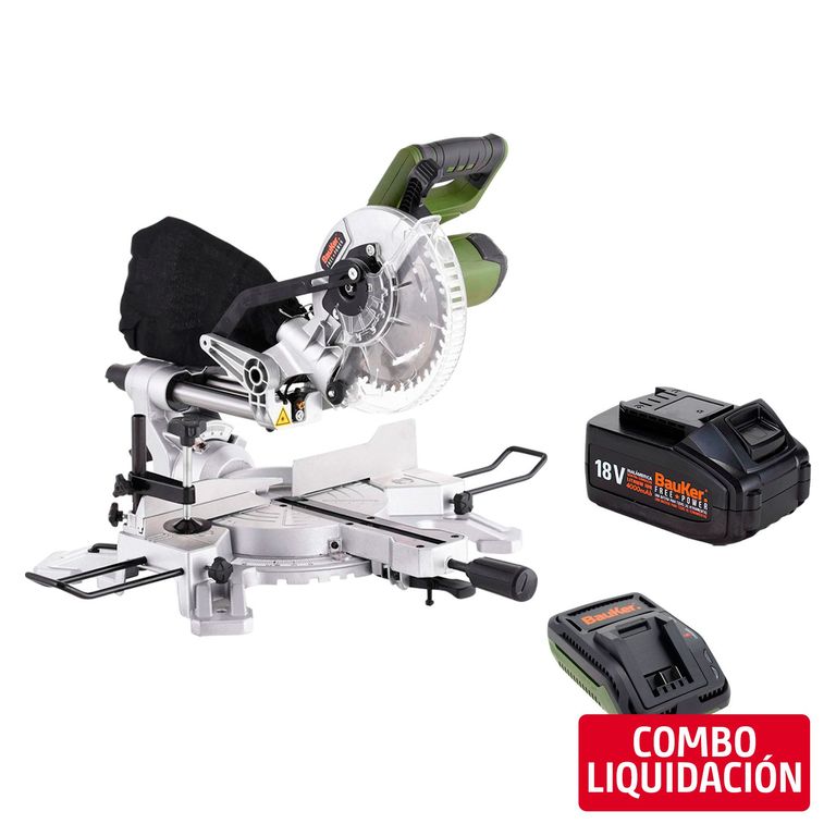Sierra Ingleteadora Inalámbrica 7-1/4'' 18V Bauker + Batería Recargable 18V 4.0Ah Bauker + Cargador de Batería 18V Bauker