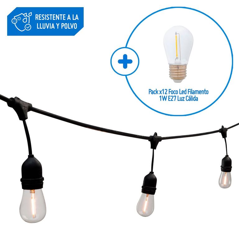 Combo Guirnalda Led 10L 10metro Pack x12 Foco Led1W E27 Luz Cálida