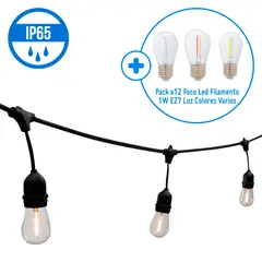 JUST HOME COLLECTION - Guirnalda sin Focos 10 Luces 10m + Pack x12 Foco Led Filamento 1W E27 Luz Colores Varios