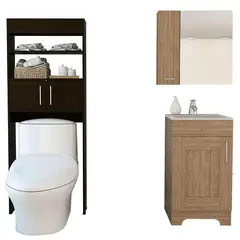TUHOME - Combo Mueble de Baño Vanitorio + Botiquin Barcelona Miel + Organizador sobre Inodoro Madrid Wengue