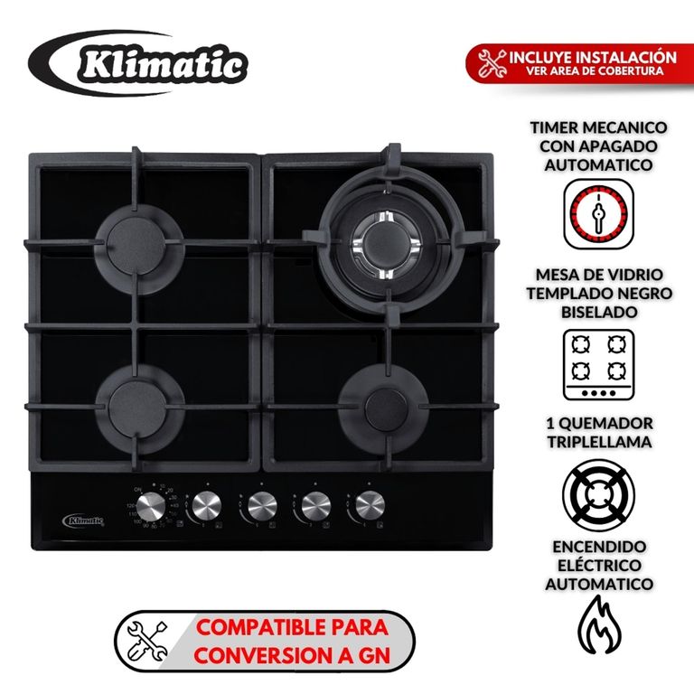 Cocina empotrable Gas Klimatic Aosta 60 Pro X4 Quemadores