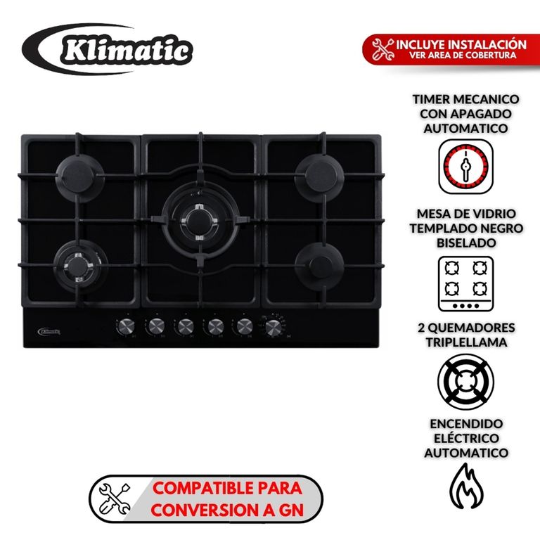 Cocina empotrable Gas Klimatic Aosta 90 Pro X5 Quemadores