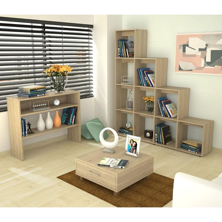 Combo Biblioteca Escalera + Mueble Auxiliar + Mesa de Centro Rovere