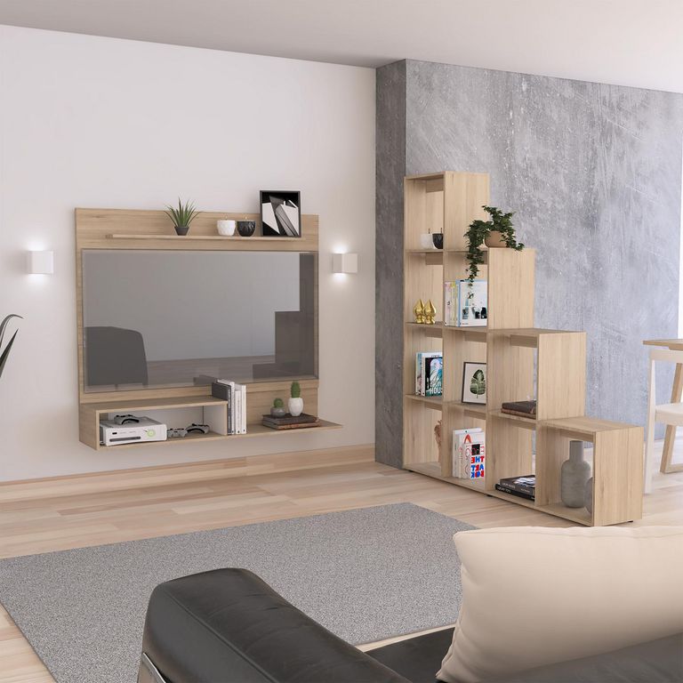 Panel TV 55'' + Biblioteca Escalera Rovere/Blanco