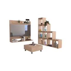 TUHOME - Panel TV 55'' + Biblioteca Escalera + Mesa de Centro Rovere/Blanco