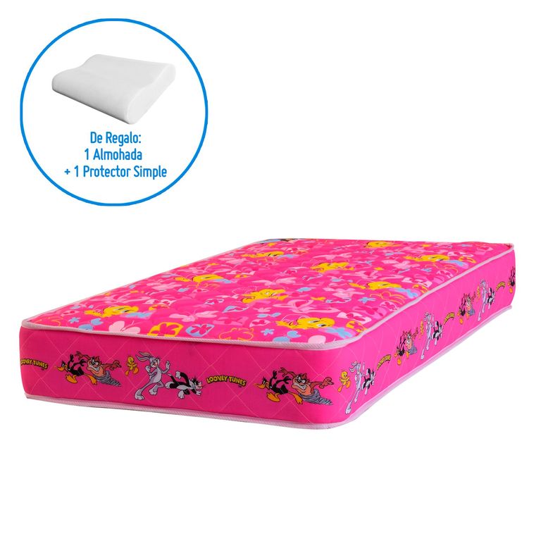 Colchón Looney Tunes Forli 1.5 Plazas Rosado + Almohada Silicona + Protector