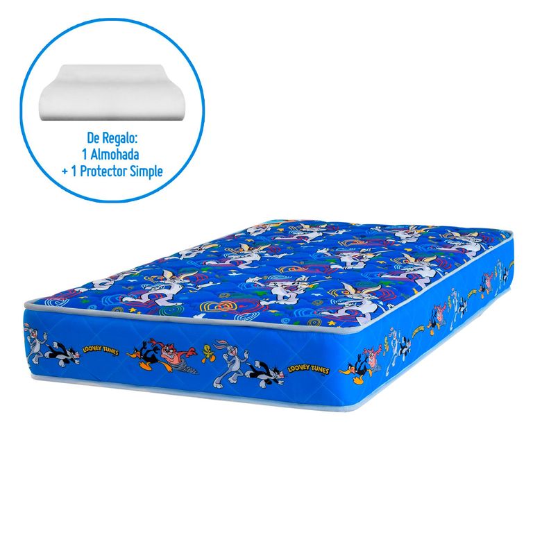 Colchón Looney Tunes Forli 1.5 Plazas Azul + Almohada Silicona + Protector