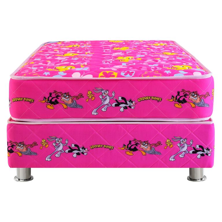 Cama Americana Looney Tunes 1.5 Plazas Forli Rosado + Colchón + Almohada Silicona + Protector
