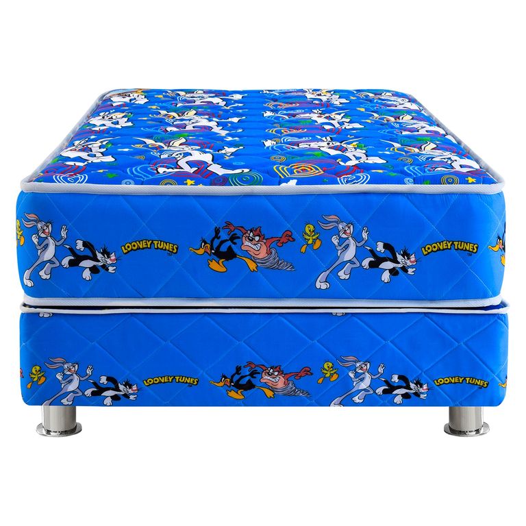 Cama Americana Looney Tunes Forli 1.5 Plazas Azul + Colchón + Almohada Silicona + Protector