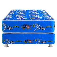 FORLI - Cama Americana Looney Tunes 1.5 Plazas Azul + Colchón + Almohada Silicona + Protector