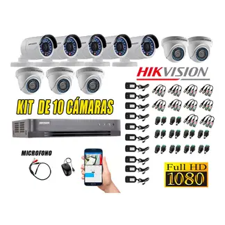Hikvision - Kit 10 Cámaras de Seguridad Full HD 1080P P2P Vigilancia + Kit de Micrófono