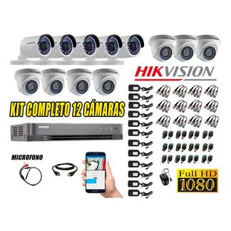 Hikvision - Kit 12 Cámaras de Seguridad Full HD 1080P P2P Vigilancia + Kit de Micrófono