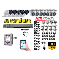 HIKVISION - Kit 12 Cámaras de Seguridad HD 720P Disco 2TB Vigilancia + Kit de Micrófono