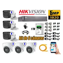 HIKVISION - Kit 6 Cámaras de Seguridad Audio Incorporado 5MP Disco 1TB Completo CCTV P2P