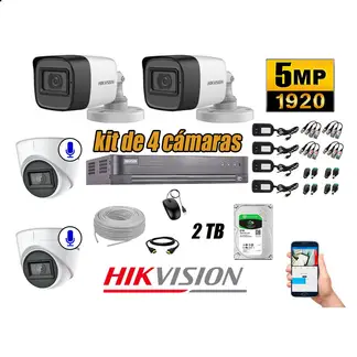 HIKVISION - Cámaras de Seguridad Kit 4 5MP | 02 Cámaras Audio Incorporado Disco 2TB WD P2P