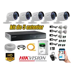HIKVISION - Cámaras de Seguridad Exterior Kit 5 HD 720P + Disco 1TB WD CCTV P2P
