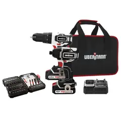 UBERMANN - Taladro Percutor Inalámbrico 1/2" 20V + Atornillador de Impacto Inalámbrico 1/4" 20V + 2 Baterías + Maletín + Set 23 Puntas Negro