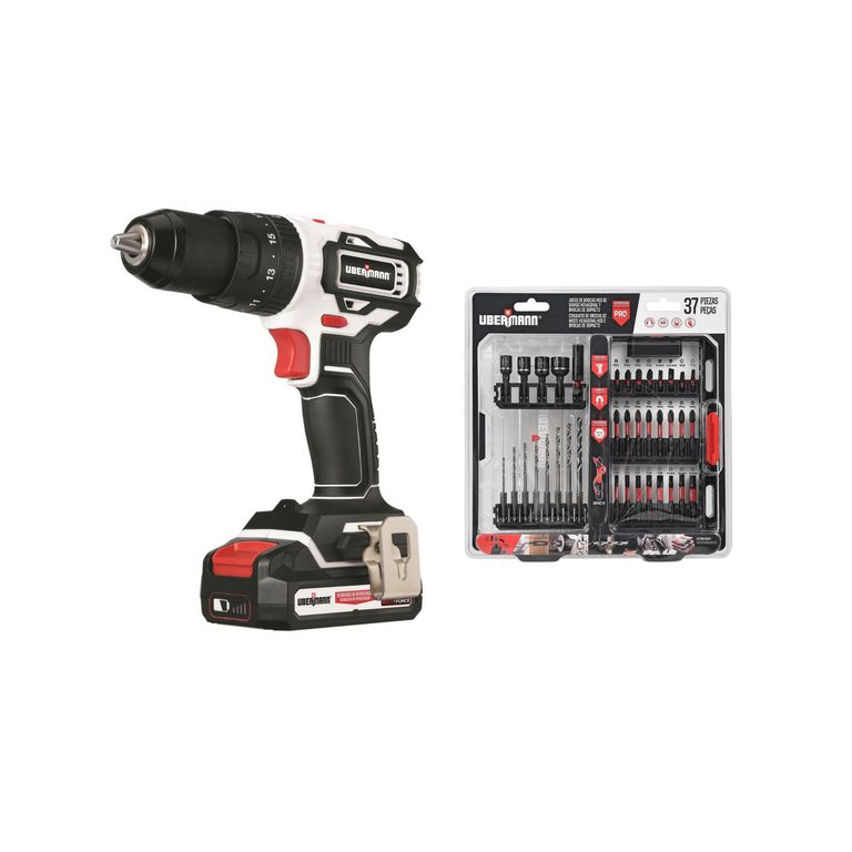 Taladro Percutor Multiforce Inalámbrico Ubermann 13 mm 20V + 2 Baterías + Set 37 Brocas HSS de Mango Hexagonal y Brocas de Impacto Ubermann
