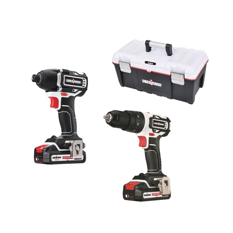 Taladro Percutor Multiforce Inalámbrico Ubermann 13 mm 20V + 2 Baterías + Caja de Herramientas 21"Ubermann + Talador Atornillador Inalámbrico Ubermann 1/4" 20V (Sin Batería)