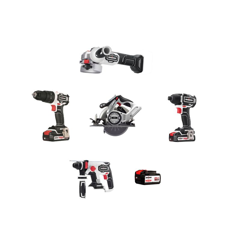 Taladro Percutor Multiforce Inalámbrico + 2 Baterías + Talador Atornillador Inalámbrico + Esmeril Angular Inalámbrico + Batería Recargable + Rotomartillo Multiforce Inalámbrico + S