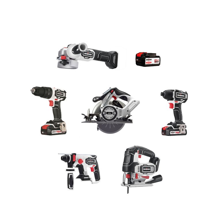 Taladro Percutor Inalámbrico + 2 Baterías + Talador Atornillador Inalámbrico + Esmeril Angular Inalámbrico + Batería Recargable + Rotomartillo Multiforce Inalámbrico + Sierra Circu