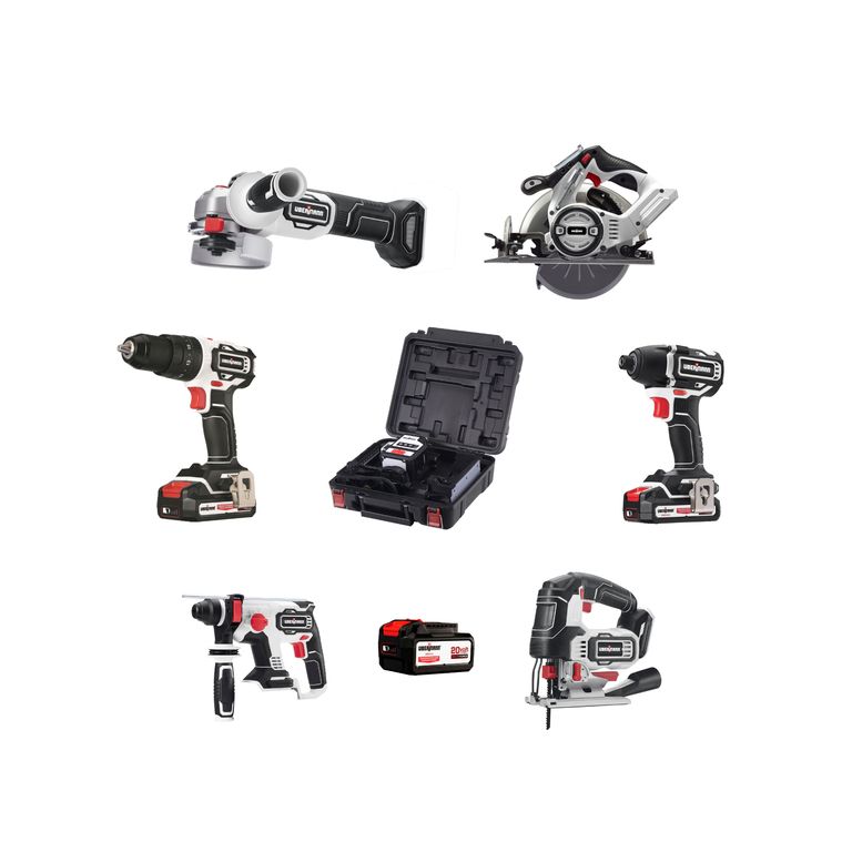 Taladro Percutor Inalámbrico + 2 Baterías + Talador Atornillador Inalámbrico + Esmeril Angular Inalámbrico + Batería Recargable + Rotomartillo Multiforce Inalámbrico + Sierra Circu
