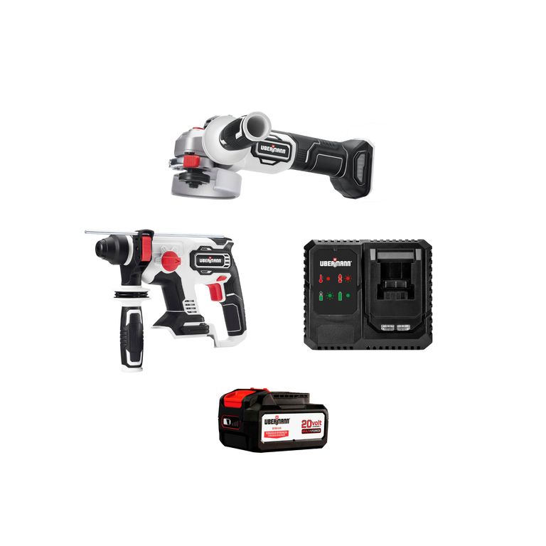 Esmeril Angular Inalámbrico Multiforce Ubermann 4 1/2" 20v (Sin batería) + Batería Recargable Multiforce 20V 4Ah Ubermann + Cargador de Batería 20V Ubermann + Rotomartillo Multifo