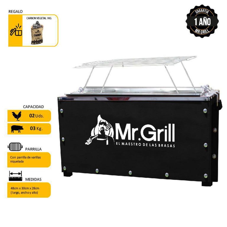 Combo Caja China Mr Grill Mini 30x28x48cm Black + Parrilla de Varillas + Carbón