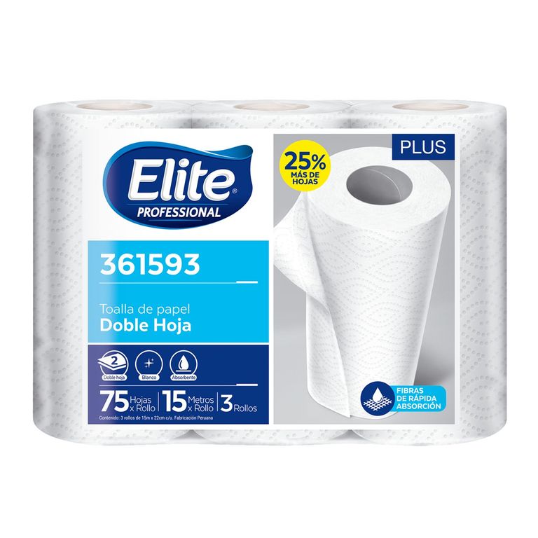 Papel Toalla Doble Hoja Elite 3 Rollos 15 M
