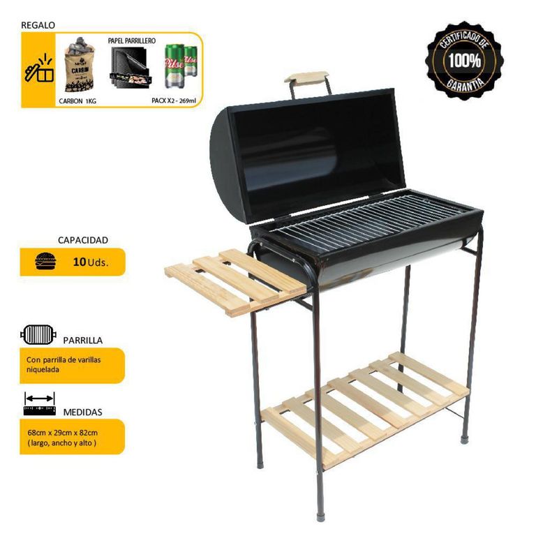 Parrilla Cilíndrica Mr Grill 29x78x30 cm con Tapa Chica + 2 cervezas + Carbón + Papel Parrillero