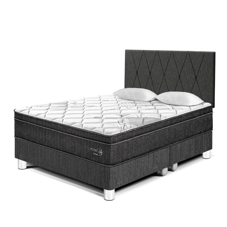 Dormitorio Paraíso Pocket Star King Charcoal + Colchón + 2 Almohadas + Protector