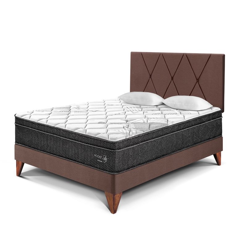Dormitorio Europeo Paraíso Pocket Star 2 Plazas Chocolate + Colchón + 2 Almohadas + Protector