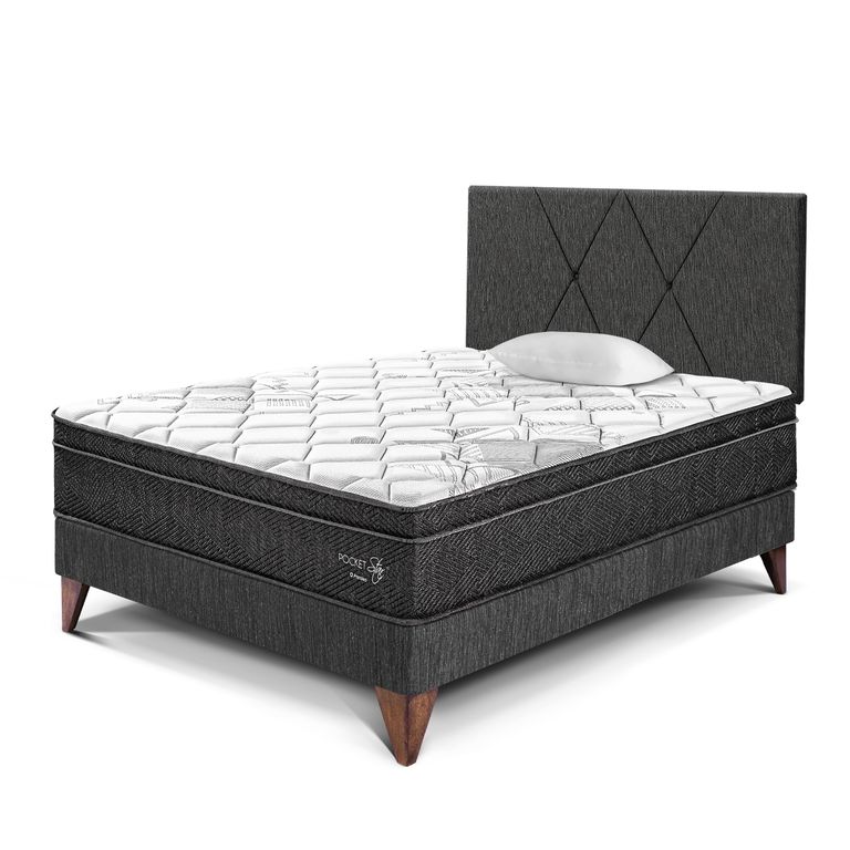 Dormitorio Europeo Paraíso Pocket Star 1.5 Charcoal + Colchón + Almohada + Protector
