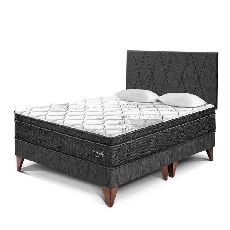 Dormitorio Europeo Paraíso Pocket Star King Charcoal + Colchón + 2 Almohadas + Protector