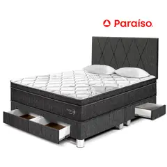 PARAISO - Dormitorio con Cajones Paraíso Pocket Star Queen Charcoal + Colchón + 2 Almohadas + Protector