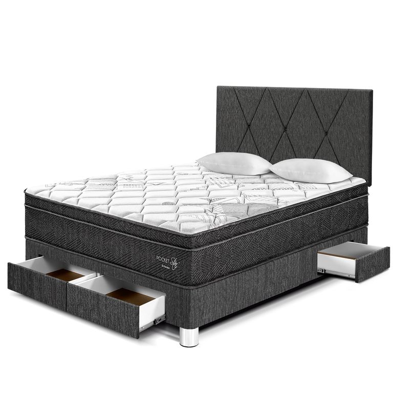 Dormitorio con Cajones Paraíso Pocket Star 2 Plazas Charcoal + 2 Almohadas + Protector