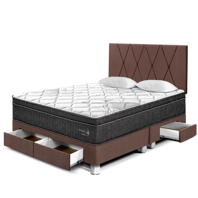 Dormitorio con Cajones Paraíso Pocket Star Queen Chocolate + Colchón + 2 Almohadas + Protector