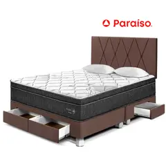 PARAISO - Dormitorio con Cajones Paraíso Pocket Star Queen Chocolate + Colchón + 2 Almohadas + Protector