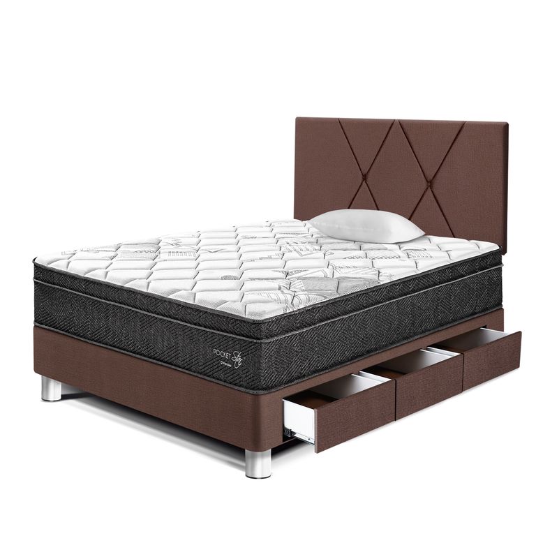 Dormitorio con Cajones Paraíso Pocket Star 1.5 Plazas Chocolate + Colchón + Almohada + Protector