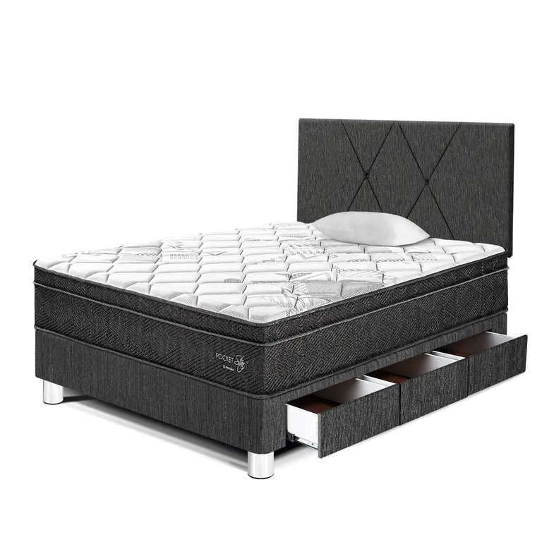 Dormitorio con Cajones Paraíso Pocket Star 1.5 Plazas Charcoal + Colchón + Almohada + Protector