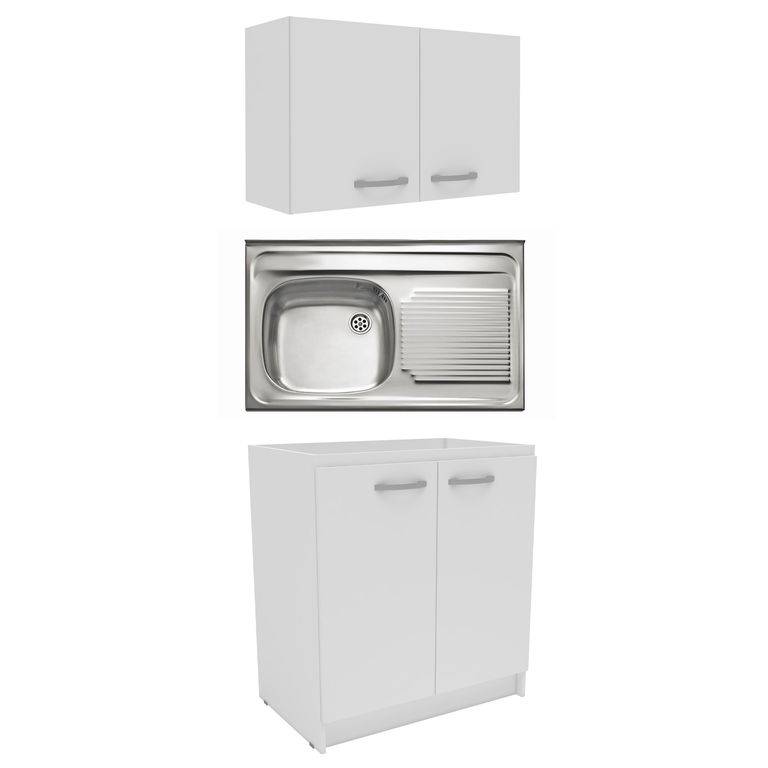 Lavadero de Cocina Acero Inoxidable 1 Poza con Escurridero 50x80cm + Mueble Base 2 Puertas 80cm Blanco + Mueble Mural Cocina 2 Puertas 80cm Blanco.
